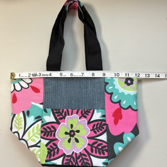 Upcycled, One Of A Kind Vibrant Floral Fabric & Denim Patchwork Bag - Picture 12 of 16